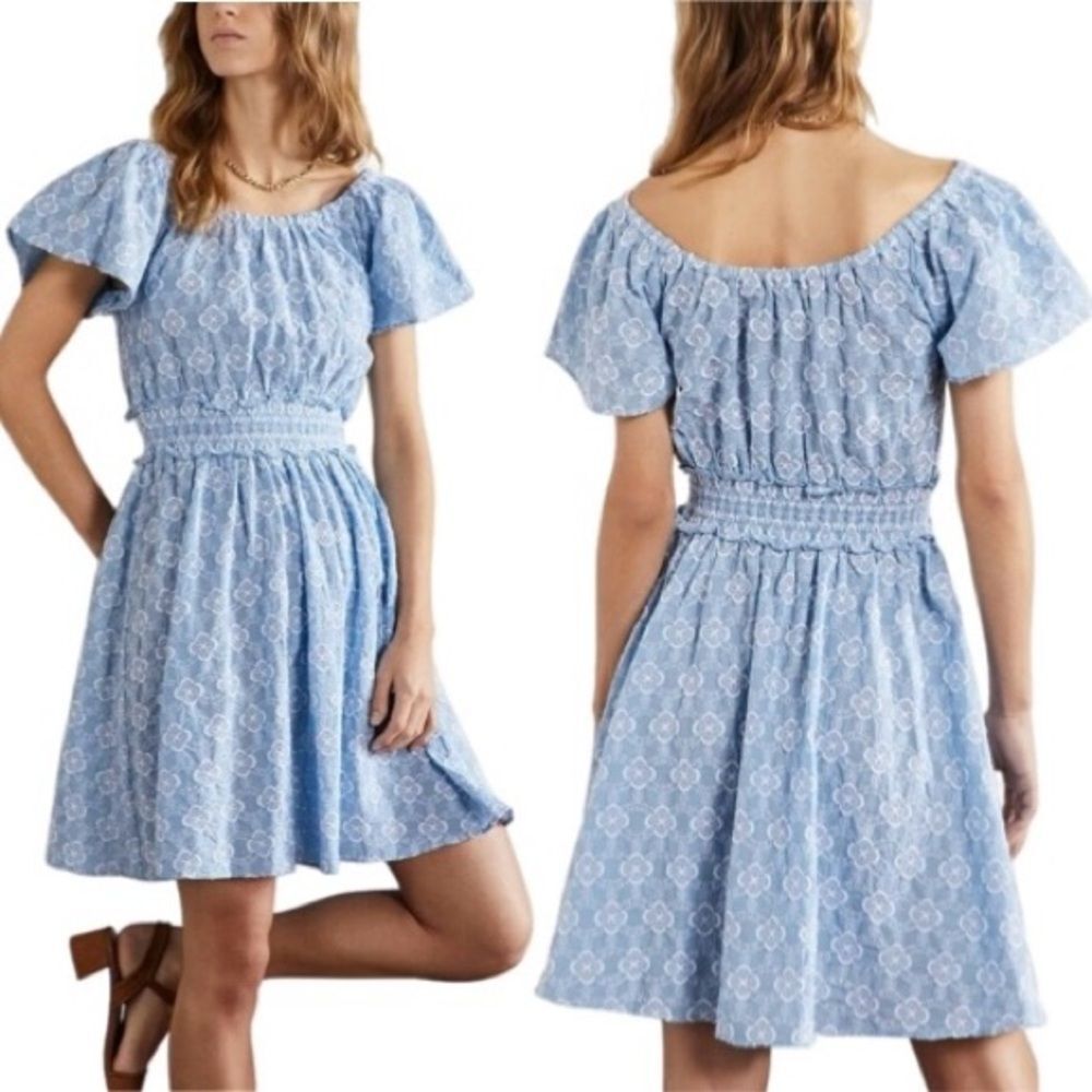 BODEN Scoop Neck Embroidered Floral Dress Blue Geo Size 8